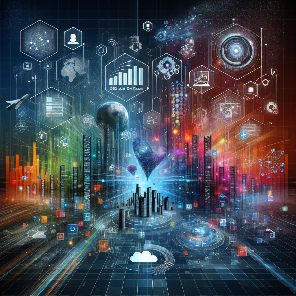 "Ilustrasi digital yang menggambarkan dampak big data pada strategi pemasaran modern, dengan grafik analitik, orang bekerja dengan teknologi, dan elemen pemasaran digital untuk memperlihatkan revolusi pemasaran."
